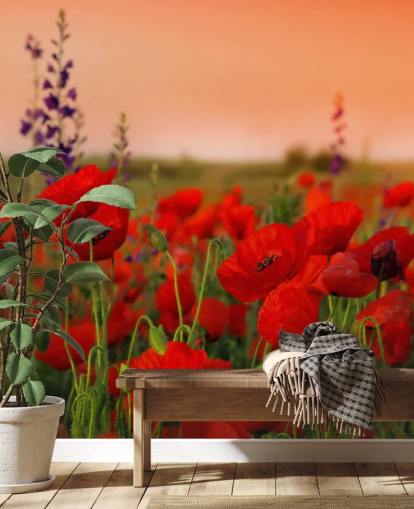 Papier peint Coquelicots et fleurs violettes Papier peint Coquelicots et fleurs violettes