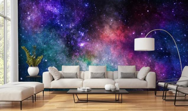 lyserød, lilla og blå brugerdefineret tåge tapetmaleri kaldet Colourful Nebula til soveværelser