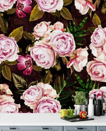 papel de parede peônias pretas, verdes e rosa papel de parede peônias pretas, verdes e rosa