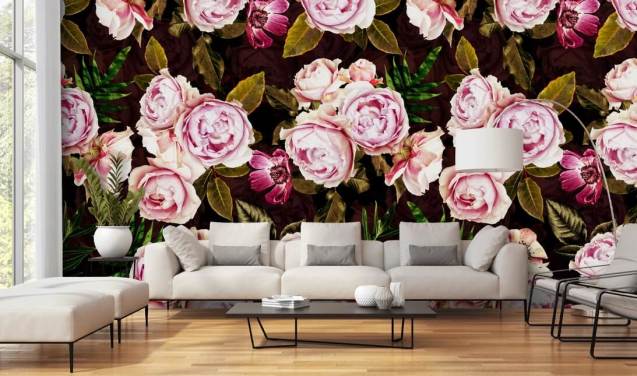 papel de parede peônias pretas, verdes e rosa