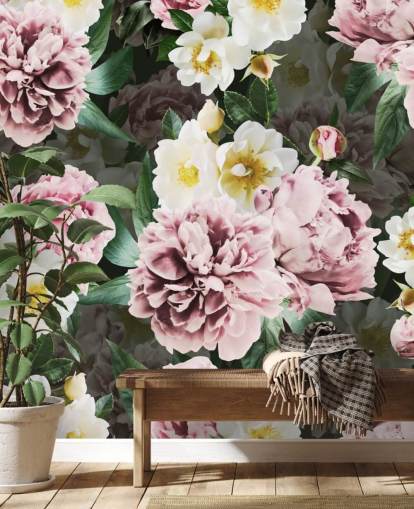 lyserøde pæoner og gule og hvide blomster tapet lyserøde pæoner og gule og hvide blomster tapet