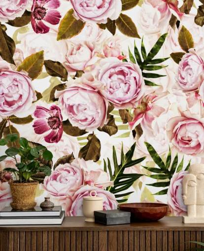 carta da parati foglie verdi e peonie rosa carta da parati foglie verdi e peonie rosa