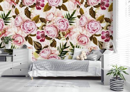 green leaves and pink peonies wallpaper