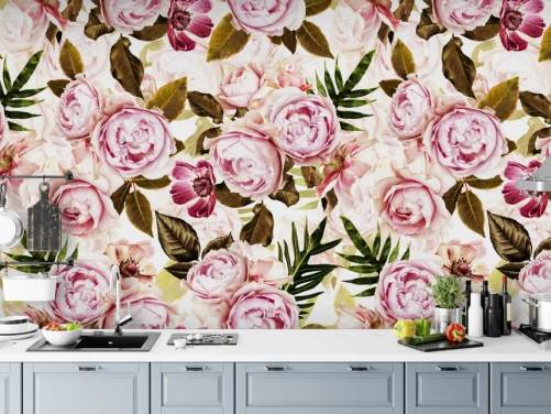 papier peint feuilles vertes et pivoines roses