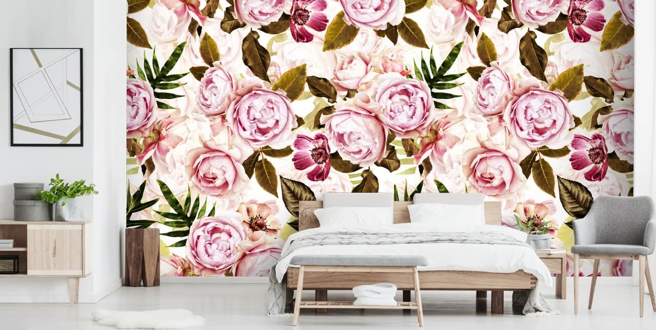 papier peint feuilles vertes et pivoines roses