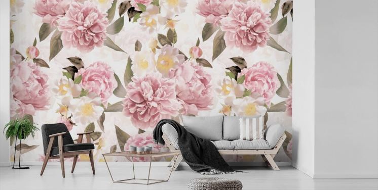 illustrated pink peonies on a white background wallpaper