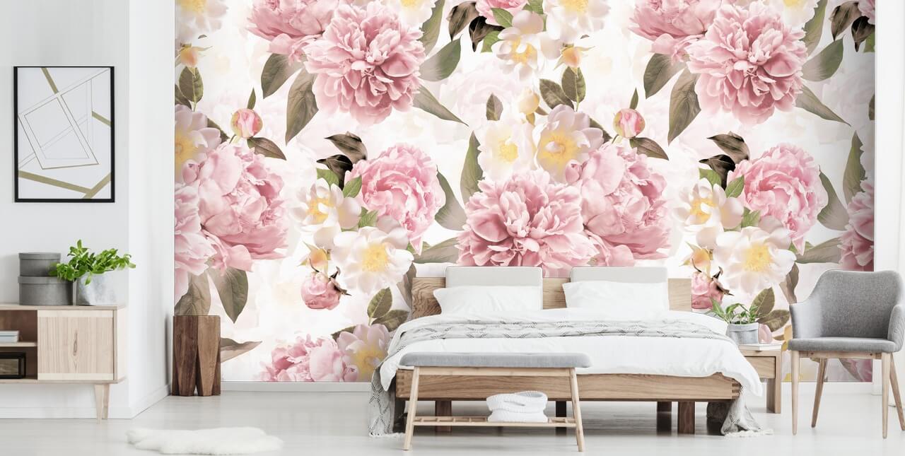illustrated pink peonies on a white background wallpaper