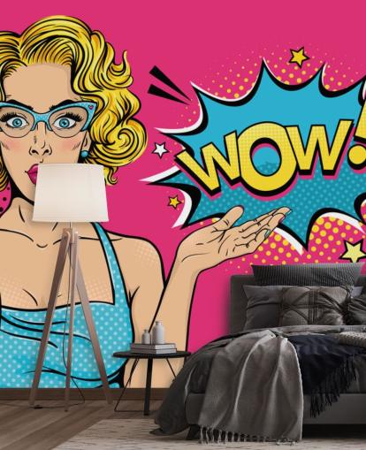 dam säger wow rosa, blå och gul pop art tapet dam säger wow rosa, blå och gul pop art tapet