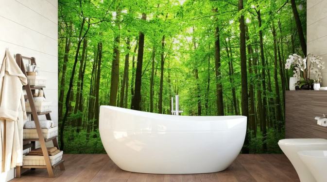 groene aanpasbare bosbehangmuurschildering genaamd Green Forest voor kantoren, slaapkamers en bedrijven