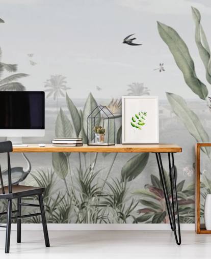 muted green custom panoramic vintage jungle illustration wallpaper called Botanical Beauty Panorama by Sir Edward for living rooms muted green custom panoramic vintage jungle illustration wallpaper called Botanical Beauty Panorama by Sir Edward for living rooms