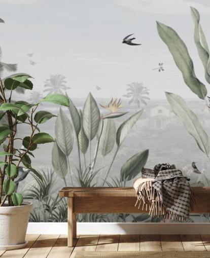 gedempt groen op maat gemaakt panoramisch vintage jungle-illustratiebehang genaamd Botanical Beauty Panorama van Sir Edward voor woonkamers gedempt groen op maat gemaakt panoramisch vintage jungle-illustratiebehang genaamd Botanical Beauty Panorama van Sir Edward voor woonkamers