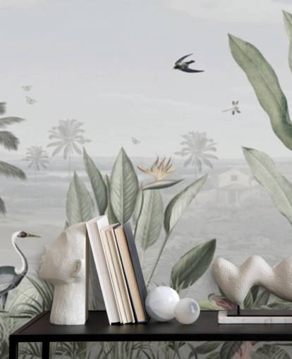 gedämpfte grüne benutzerdefinierte Panorama-Tapete mit Dschungel-Illustration im Vintage-Stil namens Botanical Beauty Panorama von Sir Edward für Wohnzimmer gedämpfte grüne benutzerdefinierte Panorama-Tapete mit Dschungel-Illustration im Vintage-Stil namens Botanical Beauty Panorama von Sir Edward für Wohnzimmer