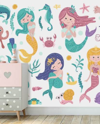 cartoon of mermaids and ocean friends in pastel tones wallpaper cartoon of mermaids and ocean friends in pastel tones wallpaper