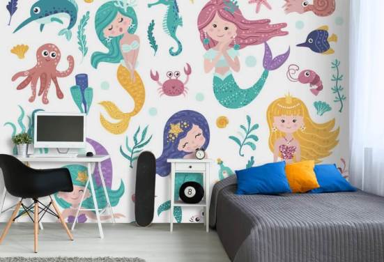 cartoon van zeemeerminnen en oceaanvrienden in pasteltinten behang