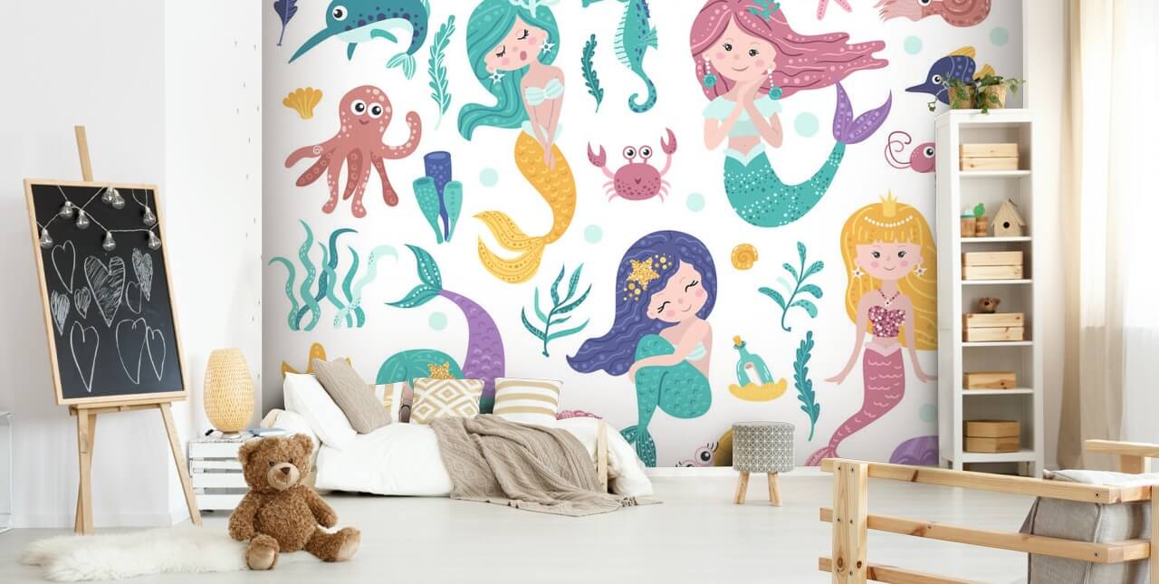 cartoon of mermaids and ocean friends in pastel tones wallpaper