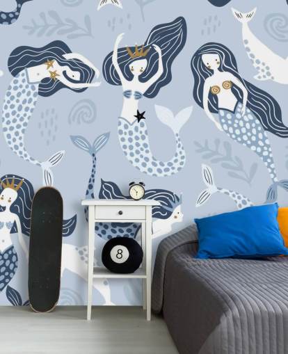 blauw cartoon zeemeerminnen en dolfijnen behang blauw cartoon zeemeerminnen en dolfijnen behang