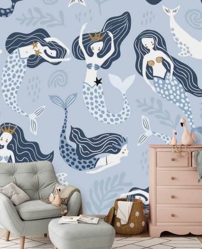 carta da parati blu con sirene e delfini carta da parati blu con sirene e delfini