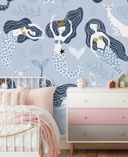 blaue Cartoon-Meerjungfrauen und Delfine Tapete blaue Cartoon-Meerjungfrauen und Delfine Tapete