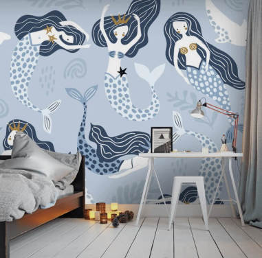 blue cartoon mermaids and dolphins wallpaper
