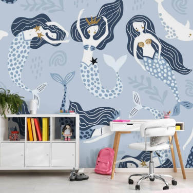fond d'écran sirènes et dauphins dessin animé bleu