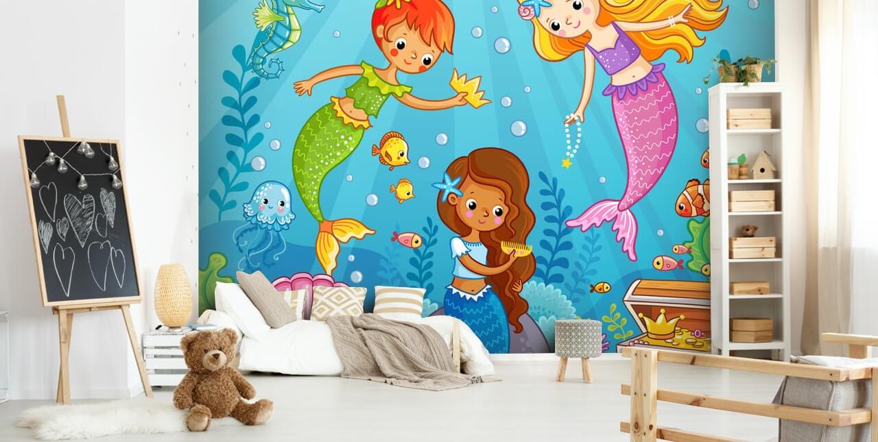 zeemeermin stripfiguren spelen met schatbehang