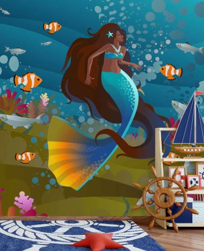 sirena con coda blu con pesce e carta da parati corallo sirena con coda blu con pesce e carta da parati corallo