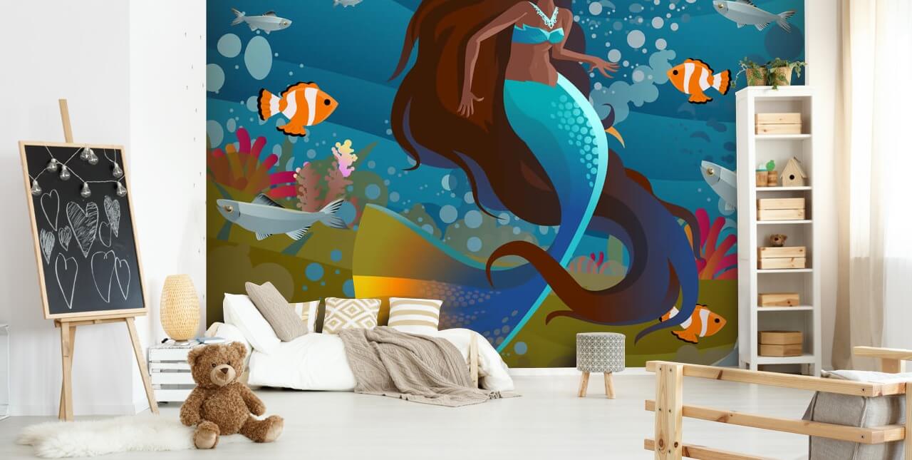 mermaid with a blue tail with fish and coral wallpaper