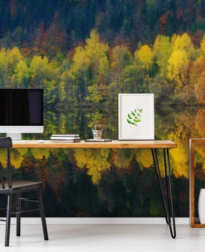 orange autumnal trees by a lake reflecting their image wallpaper orange autumnal trees by a lake reflecting their image wallpaper