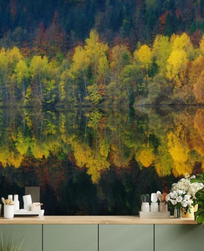 orange autumnal trees by a lake reflecting their image wallpaper orange autumnal trees by a lake reflecting their image wallpaper