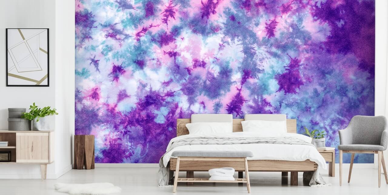 papier peint tie dye violet, rose et bleu