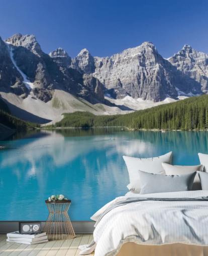 papier peint mural bleu personnalisé sur le lac et la montagne appelé Lake Moraine dans le parc national de Banff pour les bureaux papier peint mural bleu personnalisé sur le lac et la montagne appelé Lake Moraine dans le parc national de Banff pour les bureaux