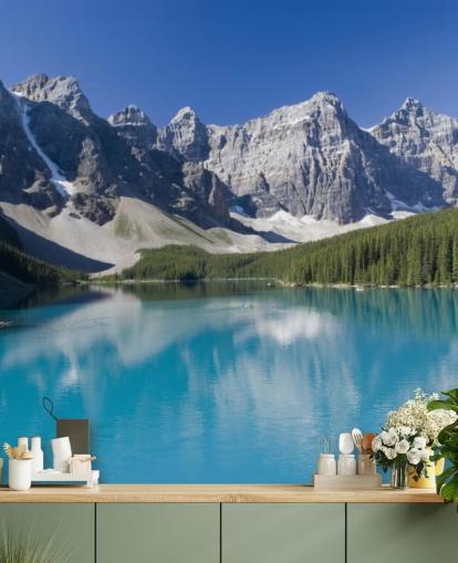 blå brugerdefineret sø- og bjergtapetmaleri kaldet Lake Moraine i Banff National Park til kontorer blå brugerdefineret sø- og bjergtapetmaleri kaldet Lake Moraine i Banff National Park til kontorer