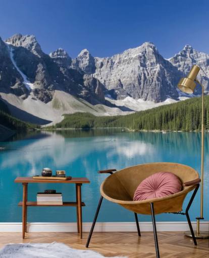 sininen mukautettu järvi- ja vuoren taustakuvamaalaus nimeltä Lake Moraine Banffin kansallispuistossa toimistoihin sininen mukautettu järvi- ja vuoren taustakuvamaalaus nimeltä Lake Moraine Banffin kansallispuistossa toimistoihin