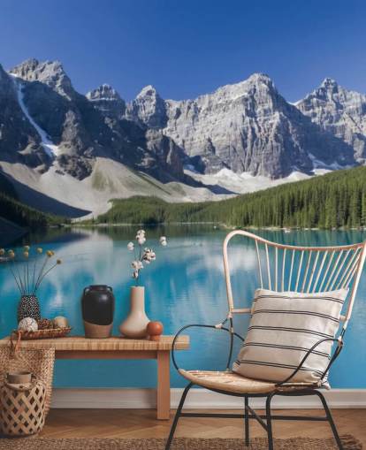 blue custom lake and mountain wallpaper mural called Lake Moraine in Banff National Park for offices blue custom lake and mountain wallpaper mural called Lake Moraine in Banff National Park for offices