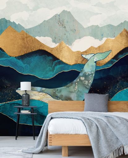 Marine und Gold Meer und Berge mit Wal-Tapete Marine und Gold Meer und Berge mit Wal-Tapete