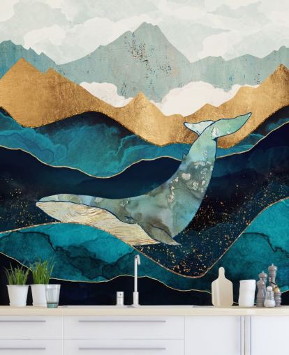 marinha e ouro oceano e montanhas com papel de parede de baleia marinha e ouro oceano e montanhas com papel de parede de baleia
