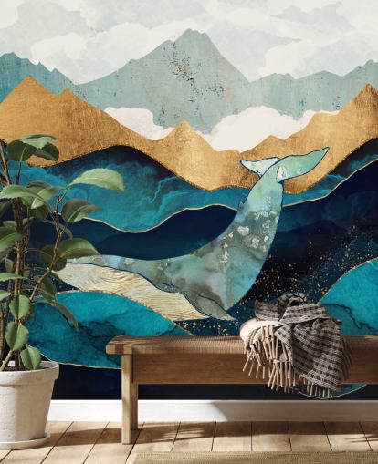 navy and gold ocean and mountains with whale wallpaper navy and gold ocean and mountains with whale wallpaper