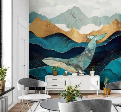 Marine und Gold Meer und Berge mit Wal-Tapete