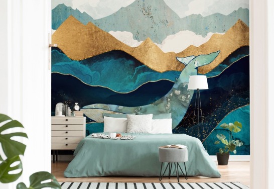 Marine und Gold Meer und Berge mit Wal-Tapete