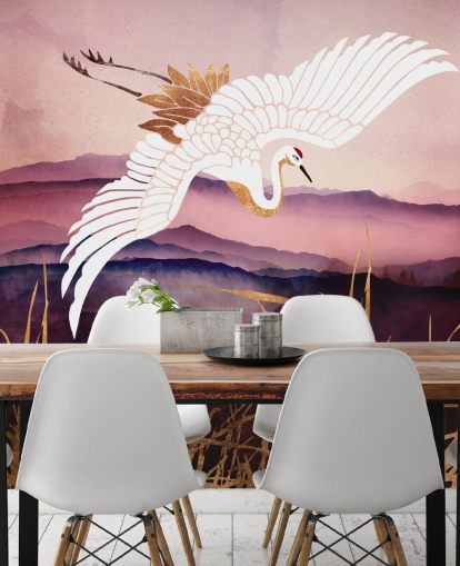 papel de parede pássaro branco, montanhas roxas e grama dourada papel de parede pássaro branco, montanhas roxas e grama dourada