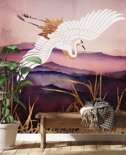 hvit fugl, lilla fjell og gull gress tapet hvit fugl, lilla fjell og gull gress tapet