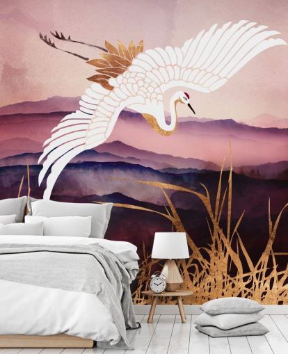 carta da parati uccello bianco, montagne viola e erba dorata carta da parati uccello bianco, montagne viola e erba dorata