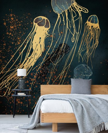 gold and blue customisable jellyfish wallpaper mural by SpaceFrog Designs for living rooms gold and blue customisable jellyfish wallpaper mural by SpaceFrog Designs for living rooms