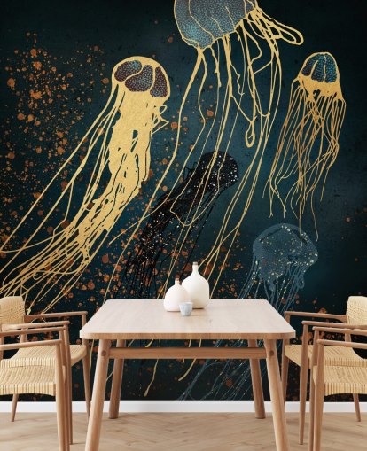 guld og blå tilpasselig vandmænd tapetmaleri af SpaceFrog Designs til stuer guld og blå tilpasselig vandmænd tapetmaleri af SpaceFrog Designs til stuer