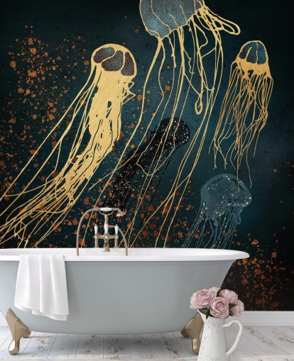 guld og blå tilpasselig vandmænd tapetmaleri af SpaceFrog Designs til stuer guld og blå tilpasselig vandmænd tapetmaleri af SpaceFrog Designs til stuer