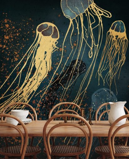 Personalisierbares Tapeten-Wandbild mit Quallen in Gold und Blau von SpaceFrog Designs für Wohnzimmer Personalisierbares Tapeten-Wandbild mit Quallen in Gold und Blau von SpaceFrog Designs für Wohnzimmer