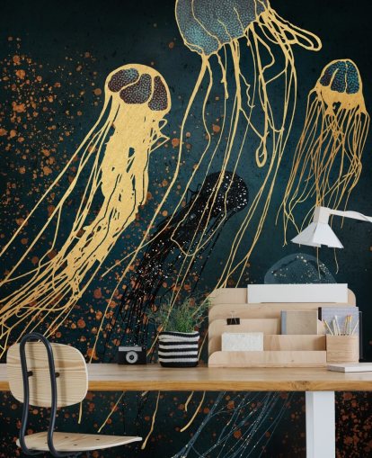 gold and blue customisable jellyfish wallpaper mural by SpaceFrog Designs for living rooms gold and blue customisable jellyfish wallpaper mural by SpaceFrog Designs for living rooms