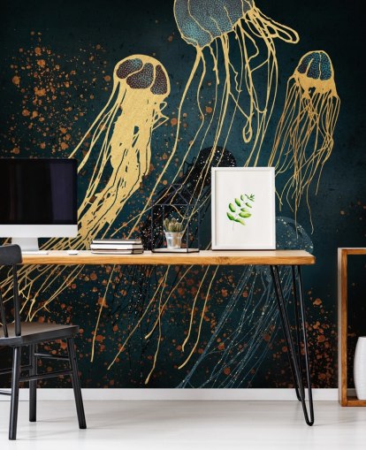 guld og blå tilpasselig vandmænd tapetmaleri af SpaceFrog Designs til stuer guld og blå tilpasselig vandmænd tapetmaleri af SpaceFrog Designs til stuer