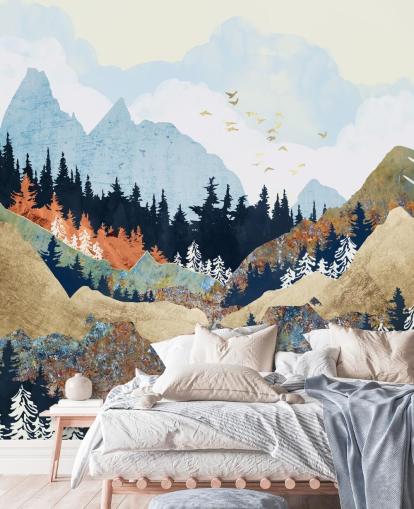 mountains, trees and birds abstract wallpaper mountains, trees and birds abstract wallpaper