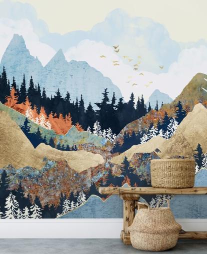 Berge, Bäume und Vögel abstrakte Tapete Berge, Bäume und Vögel abstrakte Tapete